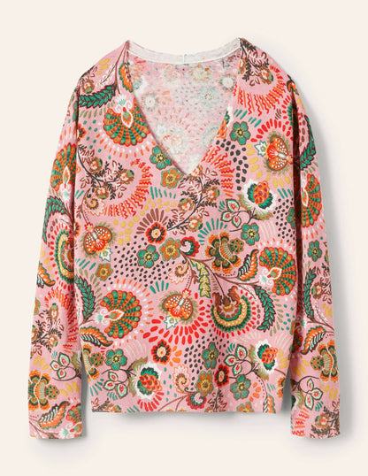 Relaxed Printed V-neck Sweater-Formica Pink, Meadow