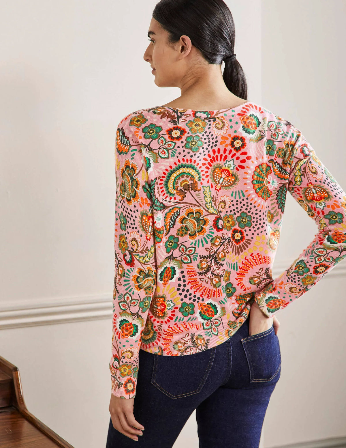 Relaxed Printed V-neck Sweater-Formica Pink, Meadow