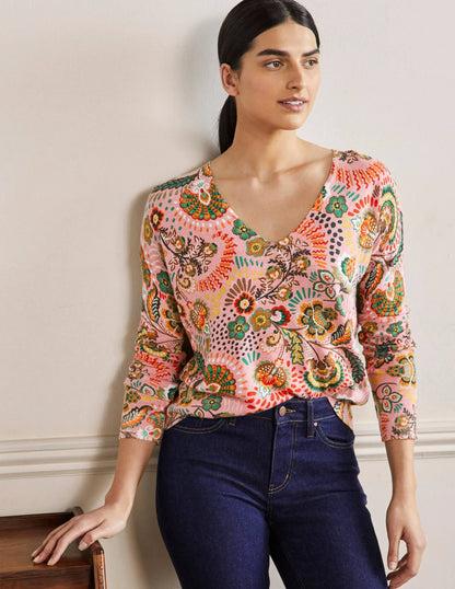 Relaxed Printed V-neck Sweater-Formica Pink, Meadow