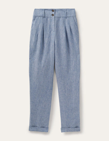 Pleated Turn Up Linen Pants-Grey Blue Chambray