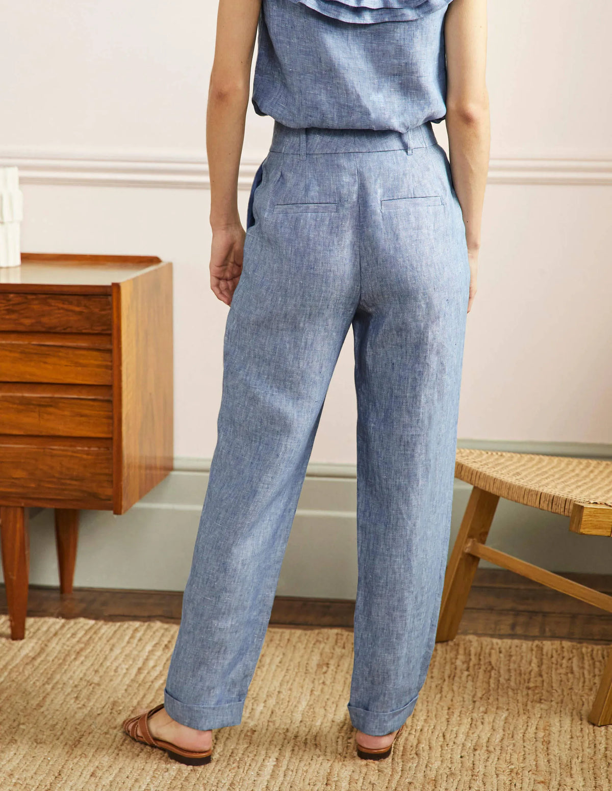 Pleated Turn Up Linen Pants-Grey Blue Chambray