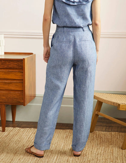Pleated Turn Up Linen Pants-Grey Blue Chambray