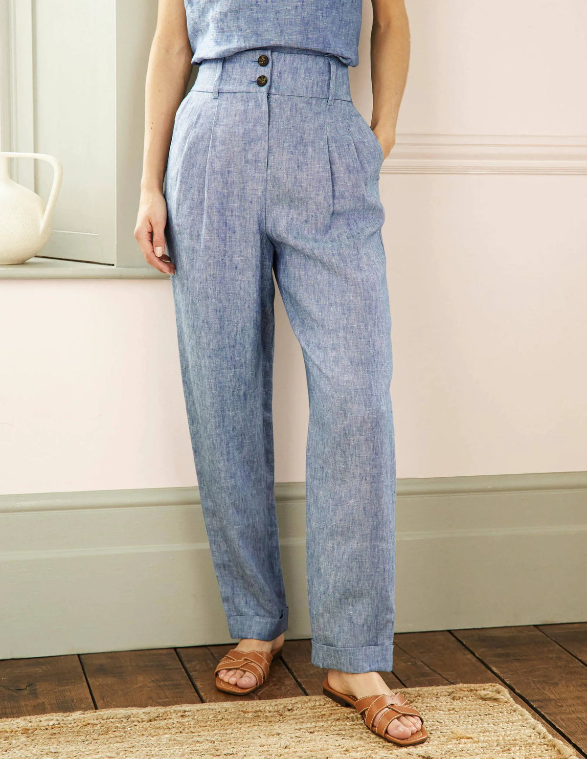 Pleated Turn Up Linen Pants-Grey Blue Chambray