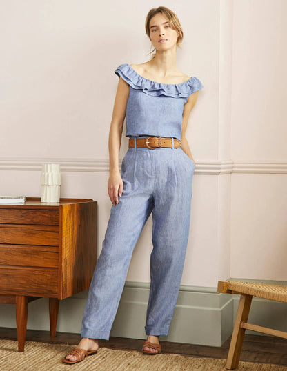 Pleated Turn Up Linen Pants-Grey Blue Chambray