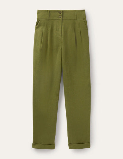 Pleated Turn Up Linen Pants-Pea Green
