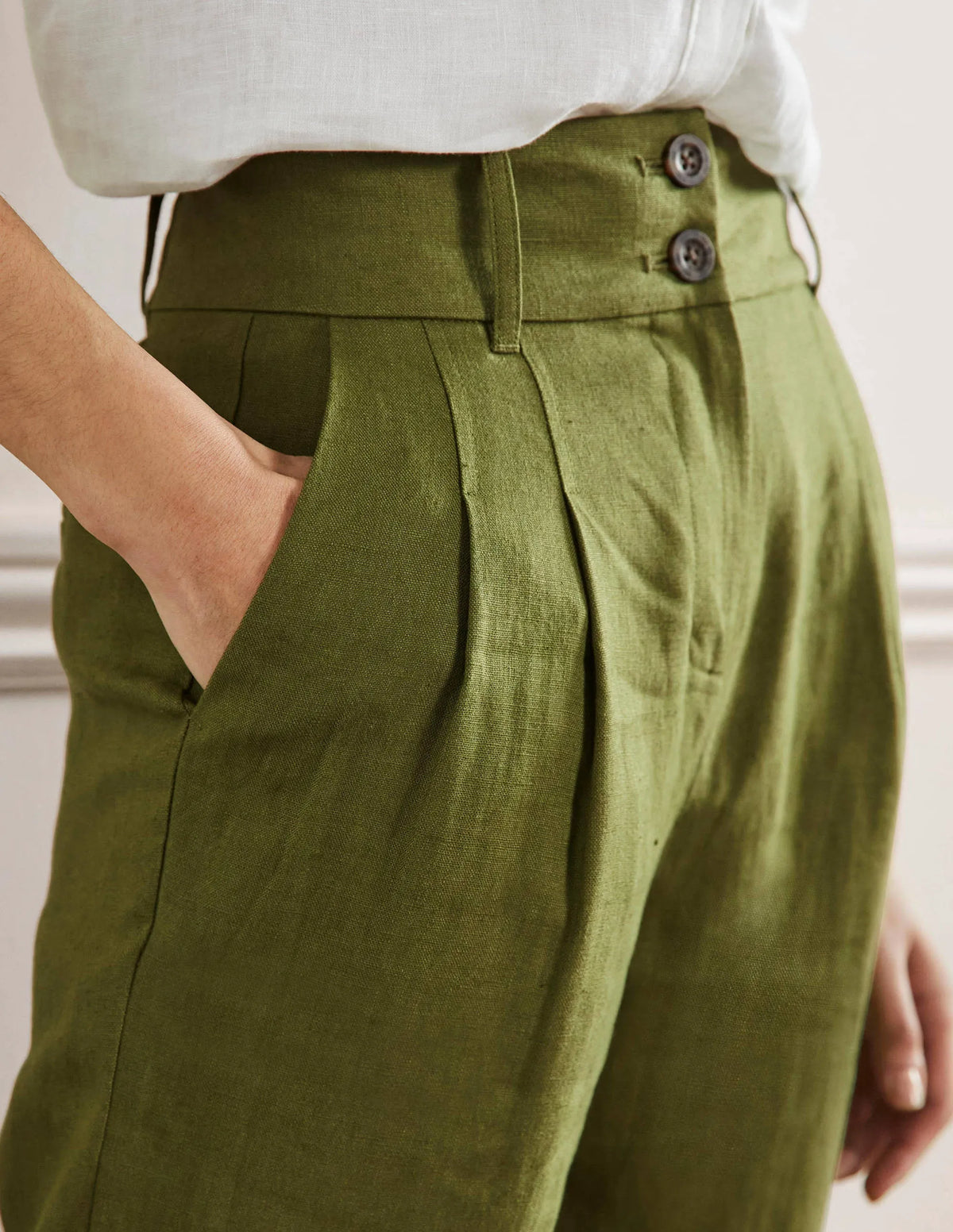 Pleated Turn Up Linen Pants-Pea Green
