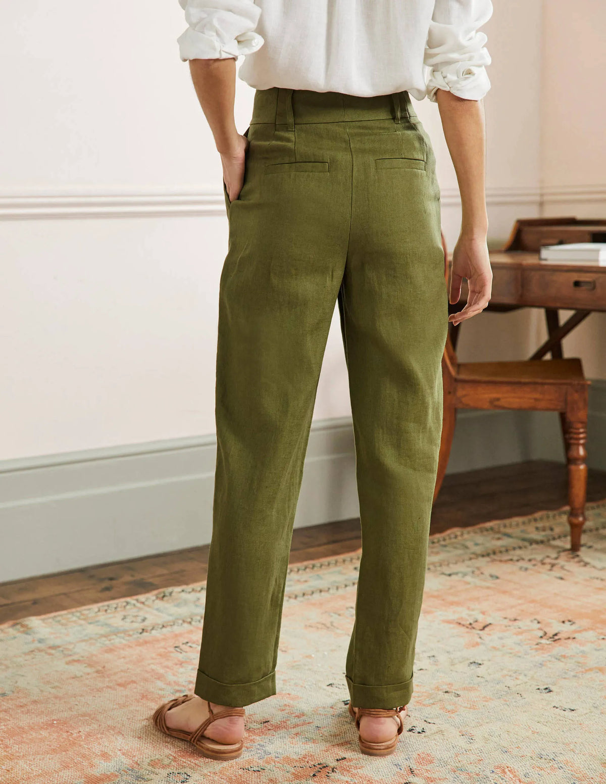 Pleated Turn Up Linen Pants-Pea Green