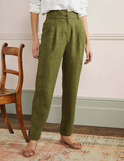 Pleated Turn Up Linen Pants-Pea Green