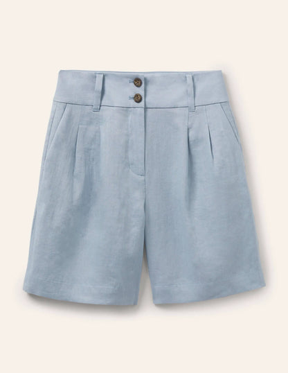 Linen Pleat Shorts-Dusty Blue