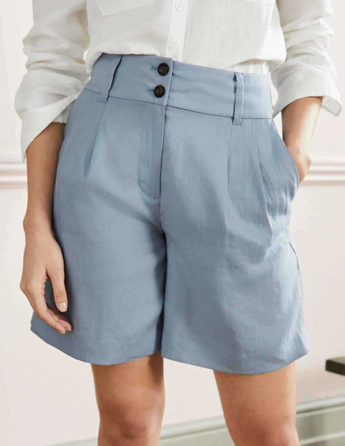 Linen Pleat Shorts-Dusty Blue