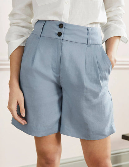 Linen Pleat Shorts-Dusty Blue