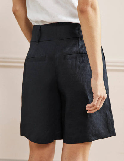 Linen Pleat Shorts-Navy