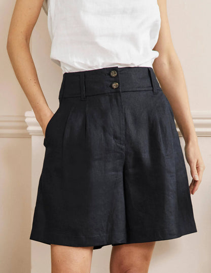 Linen Pleat Shorts-Navy