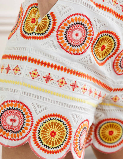 Tamsin Embroidered Shorts-White, Embroidered