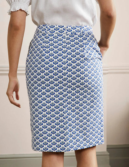 Textured Pencil Skirt-Ivory, Blue Oriental Bud