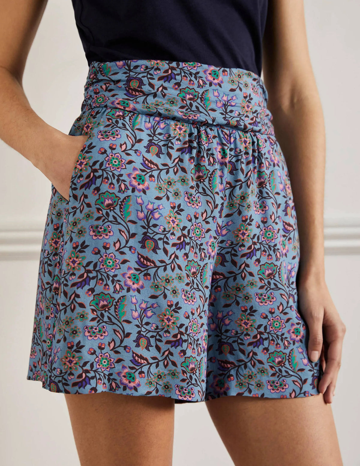 Ruched Waistband Shorts-Dusty Blue, Oriental Meadow