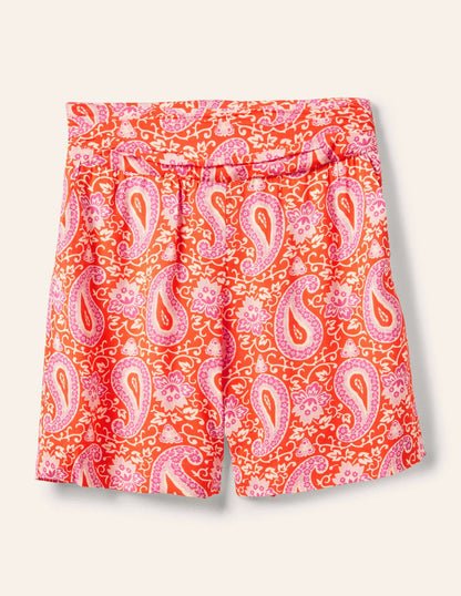 Ruched Waistband Shorts-Papaya, Enchanting Paisley