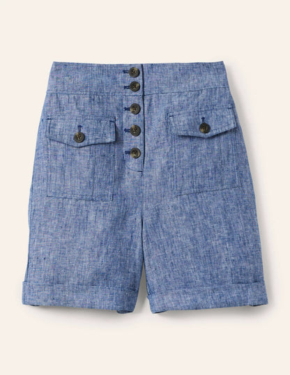 High Waisted Linen Shorts-Chambray