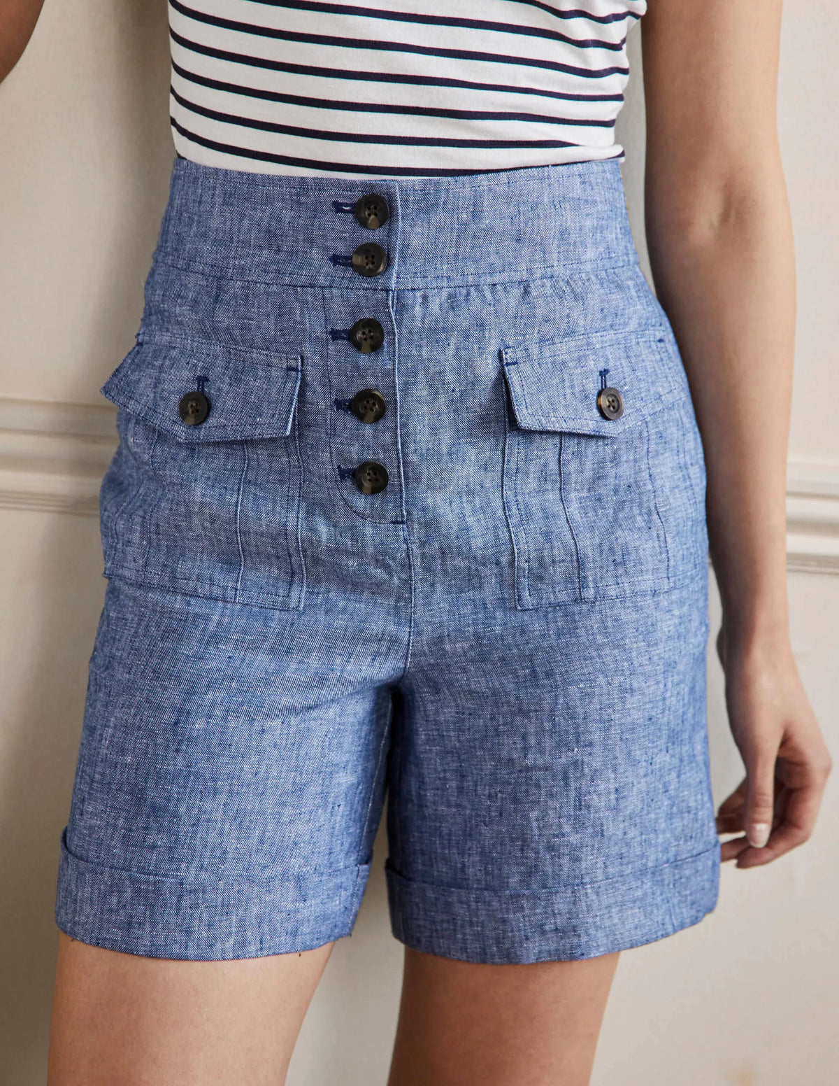 High Waisted Linen Shorts-Chambray