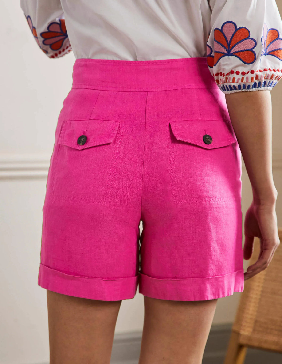 High Waisted Linen Shorts-Very Berry Pink