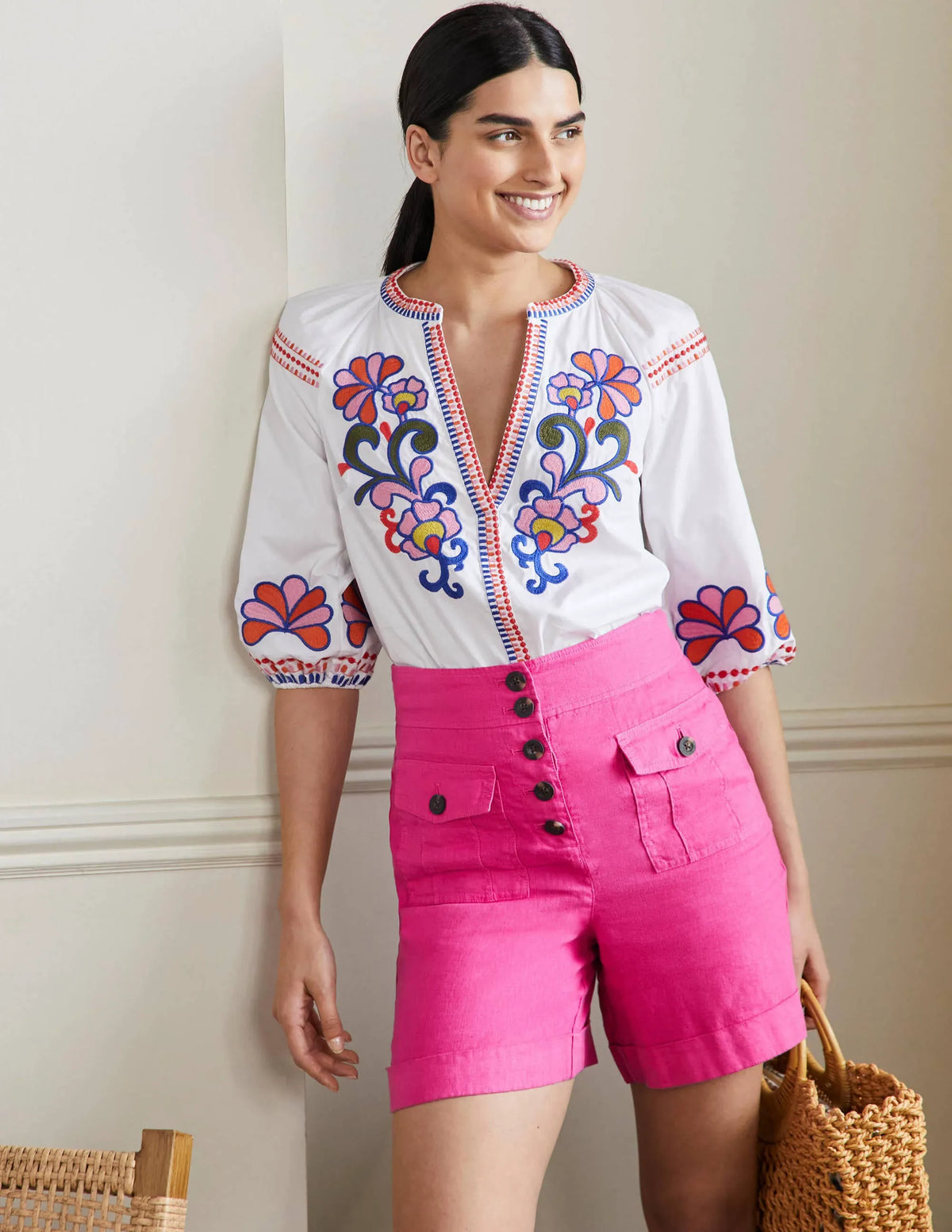 High Waisted Linen Shorts-Very Berry Pink