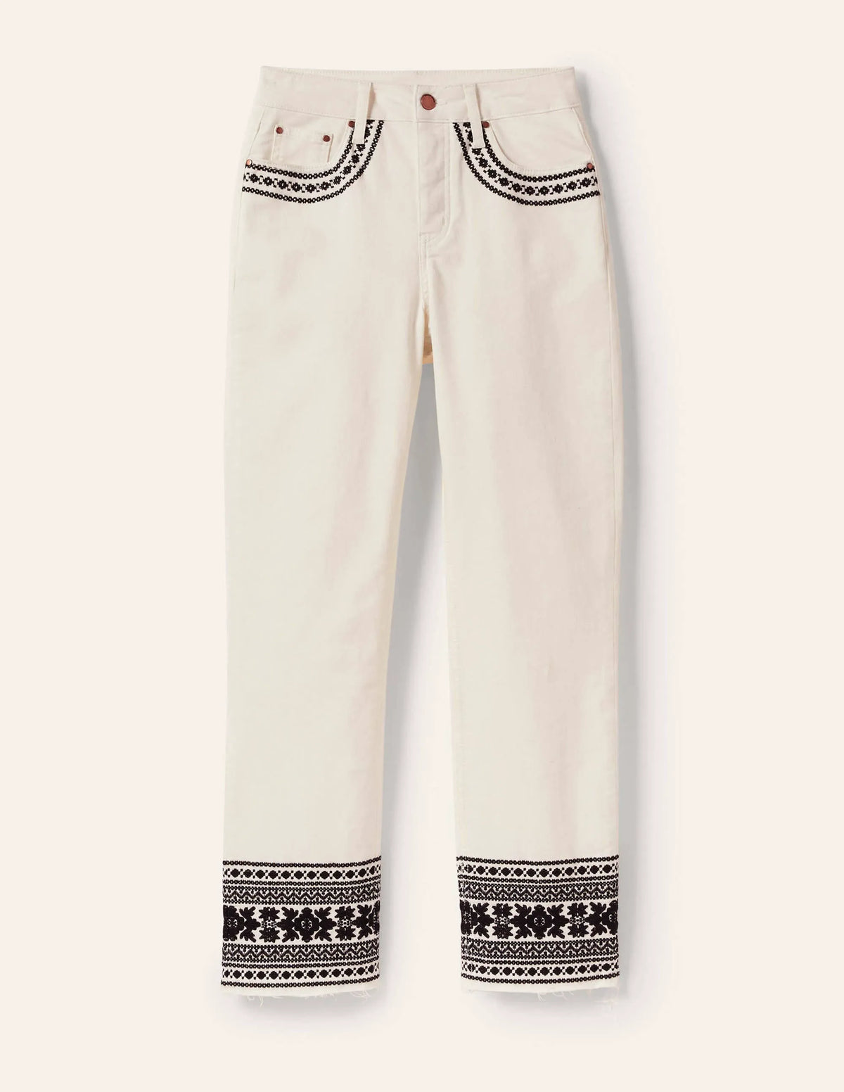 Relaxed Straight Jeans-Ecru/ Black Embroidery