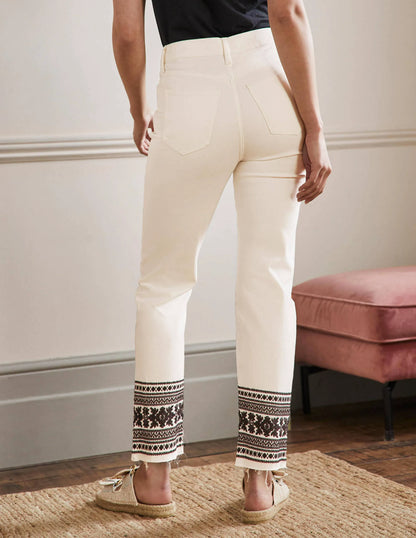 Relaxed Straight Jeans-Ecru/ Black Embroidery