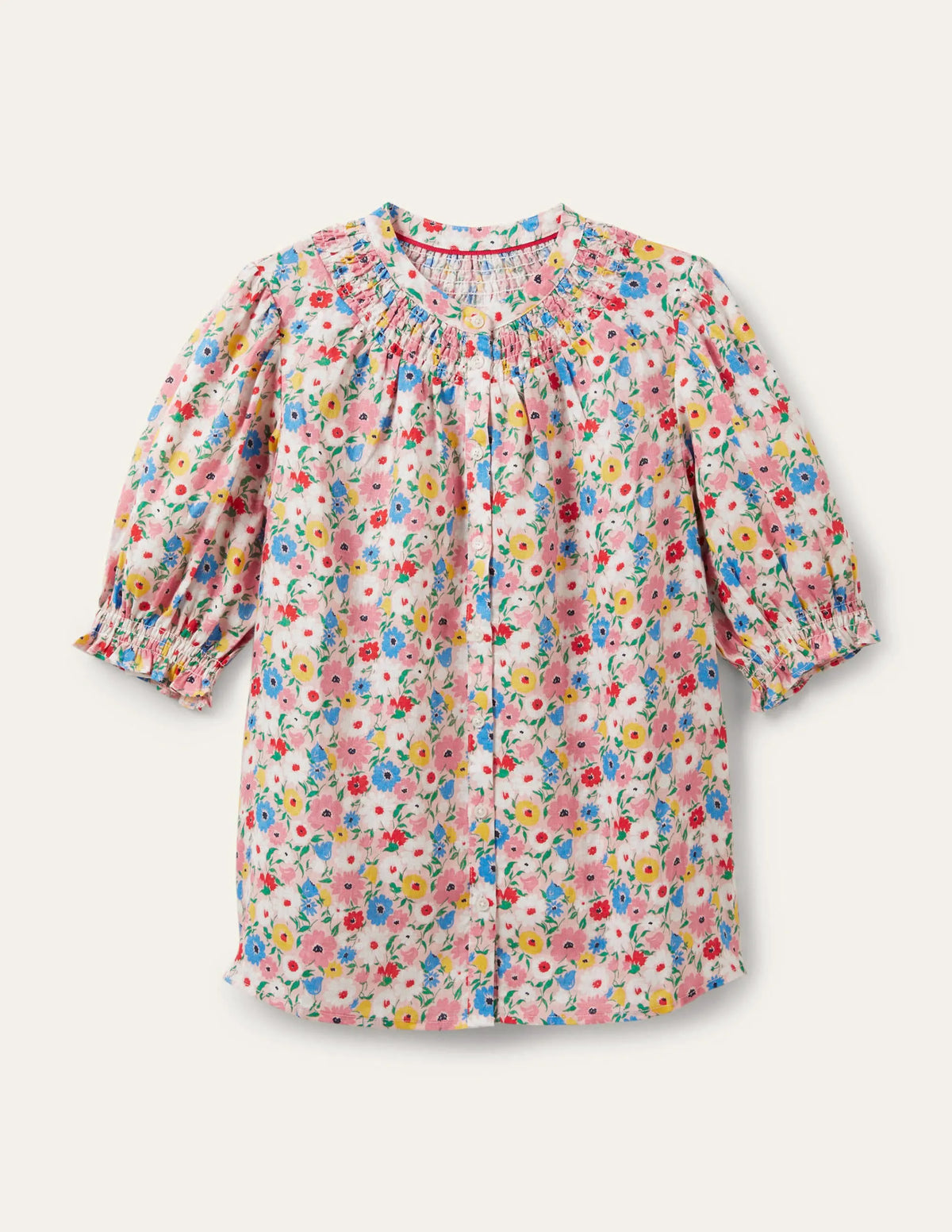 Smocked Short Sleeve Blouse-Milkshake, Elegant Bloom