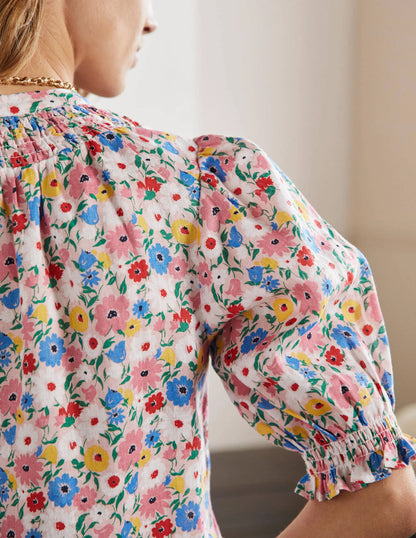 Smocked Short Sleeve Blouse-Milkshake, Elegant Bloom