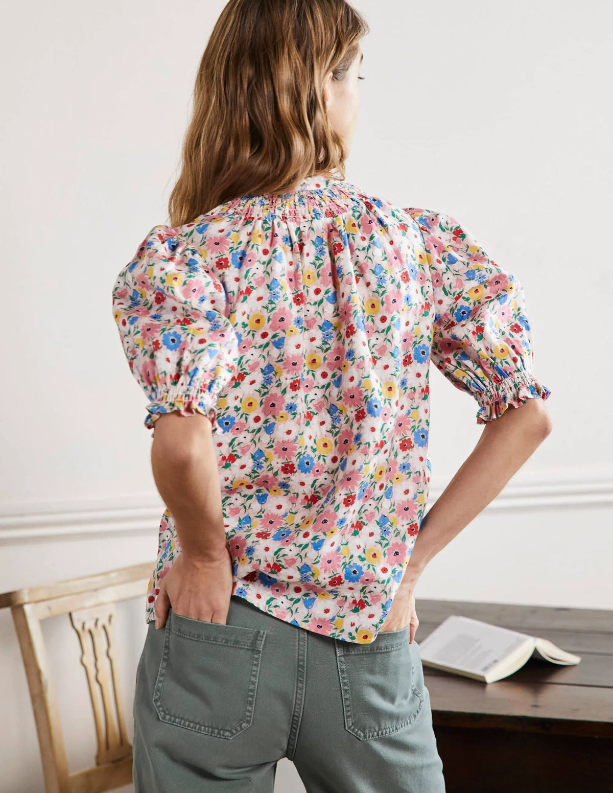 Smocked Short Sleeve Blouse-Milkshake, Elegant Bloom