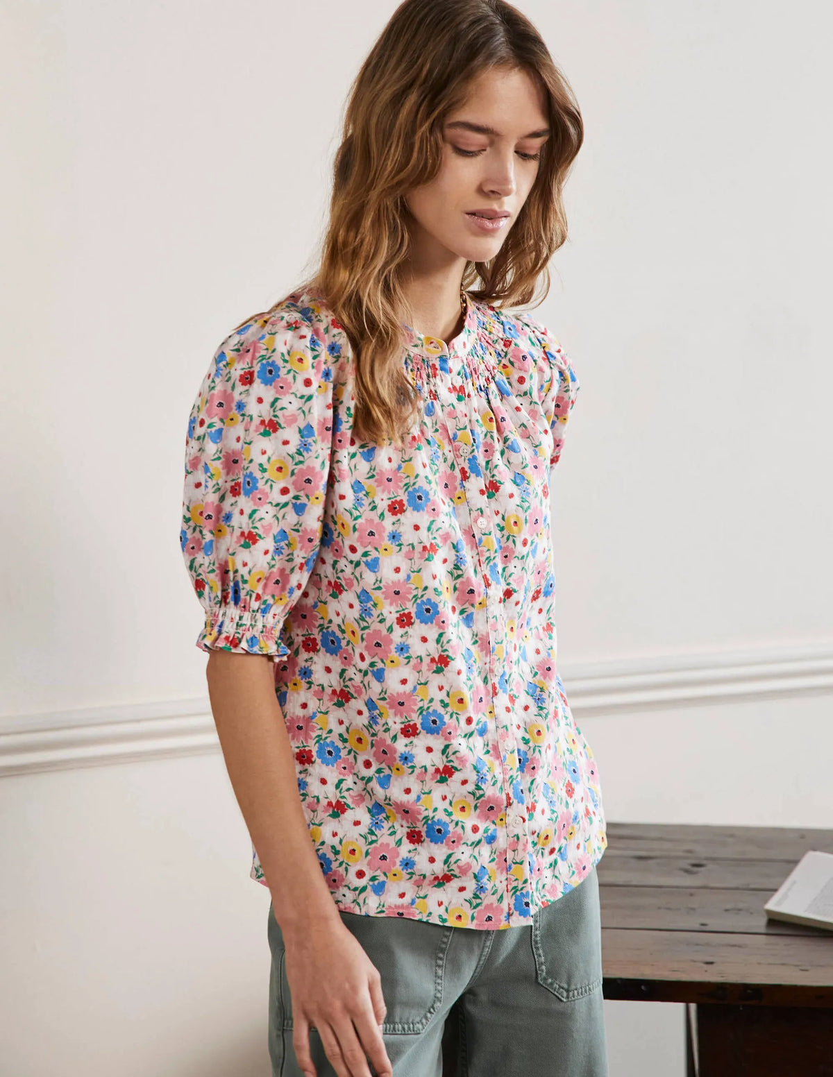 Smocked Short Sleeve Blouse-Milkshake, Elegant Bloom