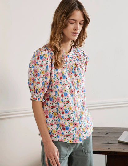 Smocked Short Sleeve Blouse-Milkshake, Elegant Bloom