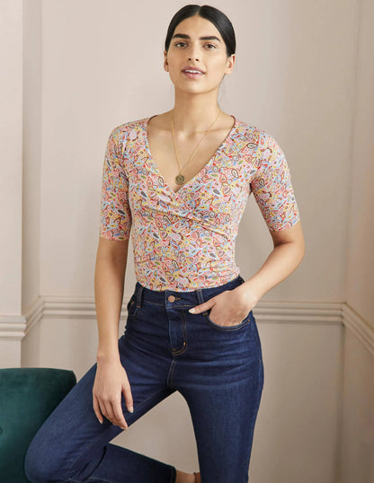 Short Sleeve Wrap Top-Multi, Paisley Blush
