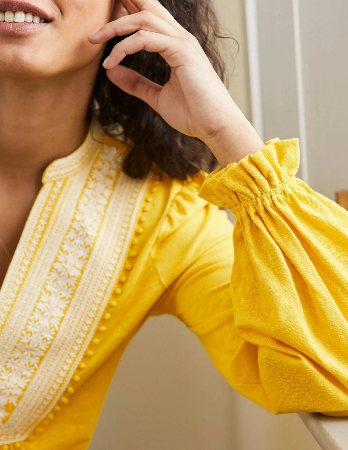 Embroidered Notch Neck Top-Lemon Fizz, Embroidered