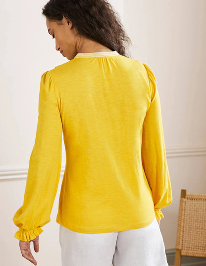 Embroidered Notch Neck Top-Lemon Fizz, Embroidered
