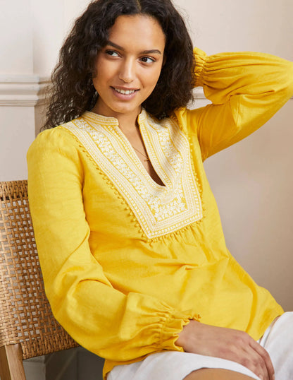 Embroidered Notch Neck Top-Lemon Fizz, Embroidered