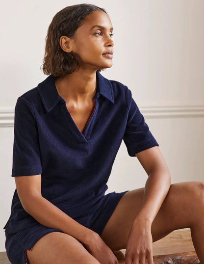 Erica Towelling Polo Top-Navy