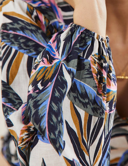 V-Neck Linen Top-Multi, Exotic Leaves