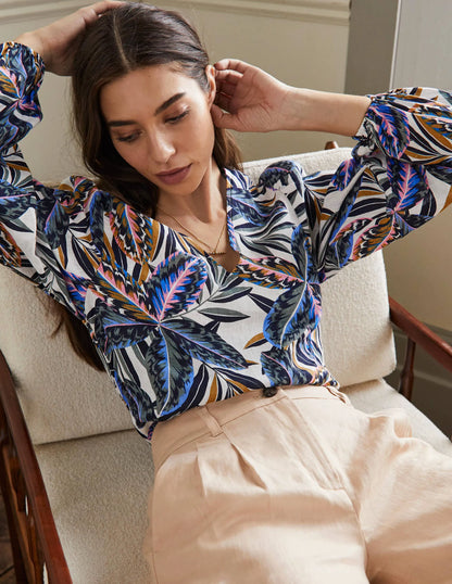 V-Neck Linen Top-Multi, Exotic Leaves
