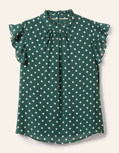 High Neck Sleeveless Top-Trekking Green, Regular Dot