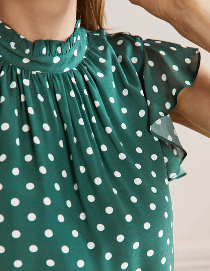 High Neck Sleeveless Top-Trekking Green, Regular Dot