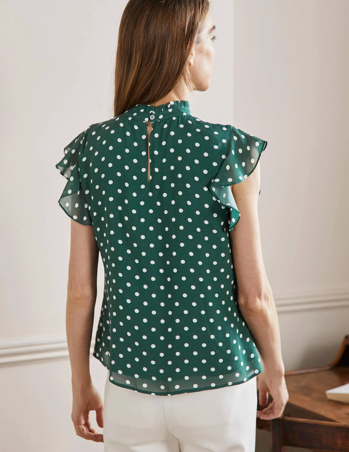 High Neck Sleeveless Top-Trekking Green, Regular Dot