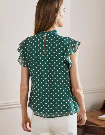 High Neck Sleeveless Top-Trekking Green, Regular Dot