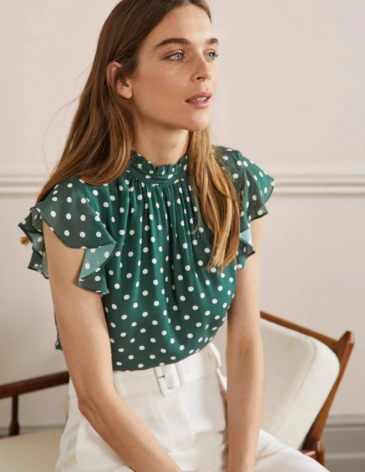 High Neck Sleeveless Top-Trekking Green, Regular Dot