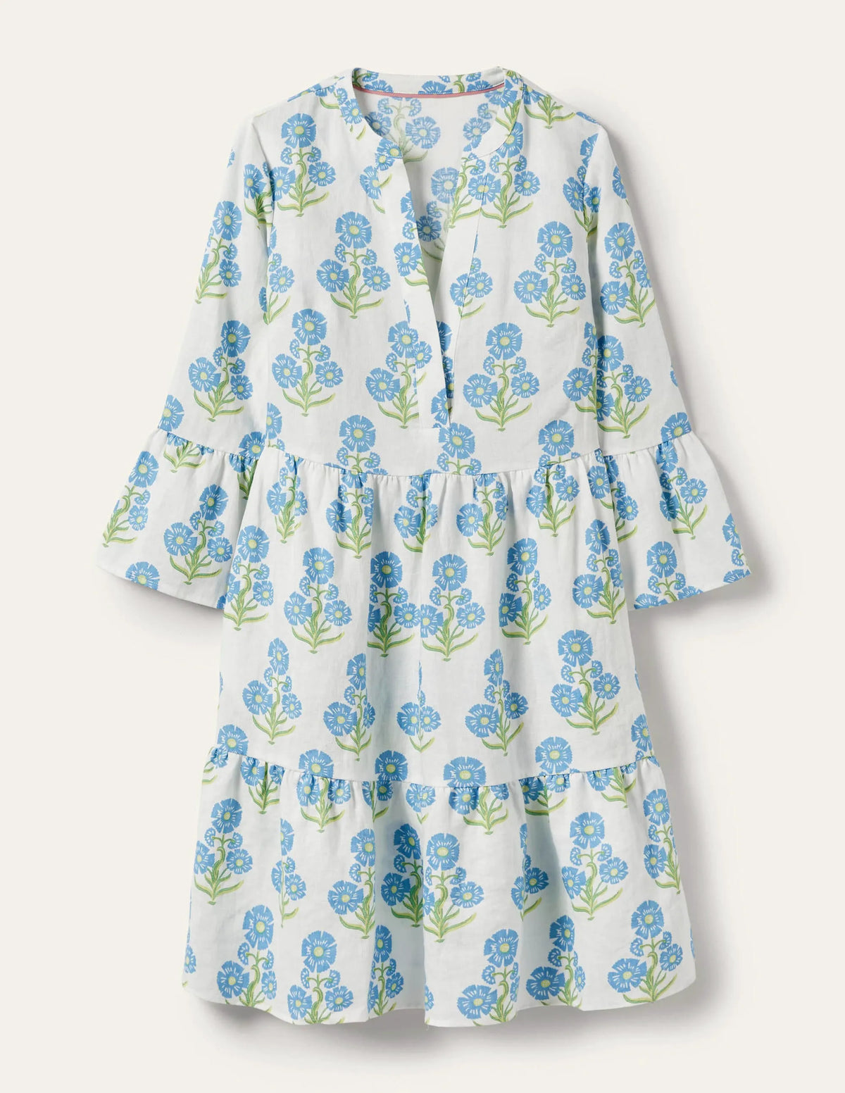 Relaxed Linen Tiered Dress-Molly Mahon Flower Woodblock