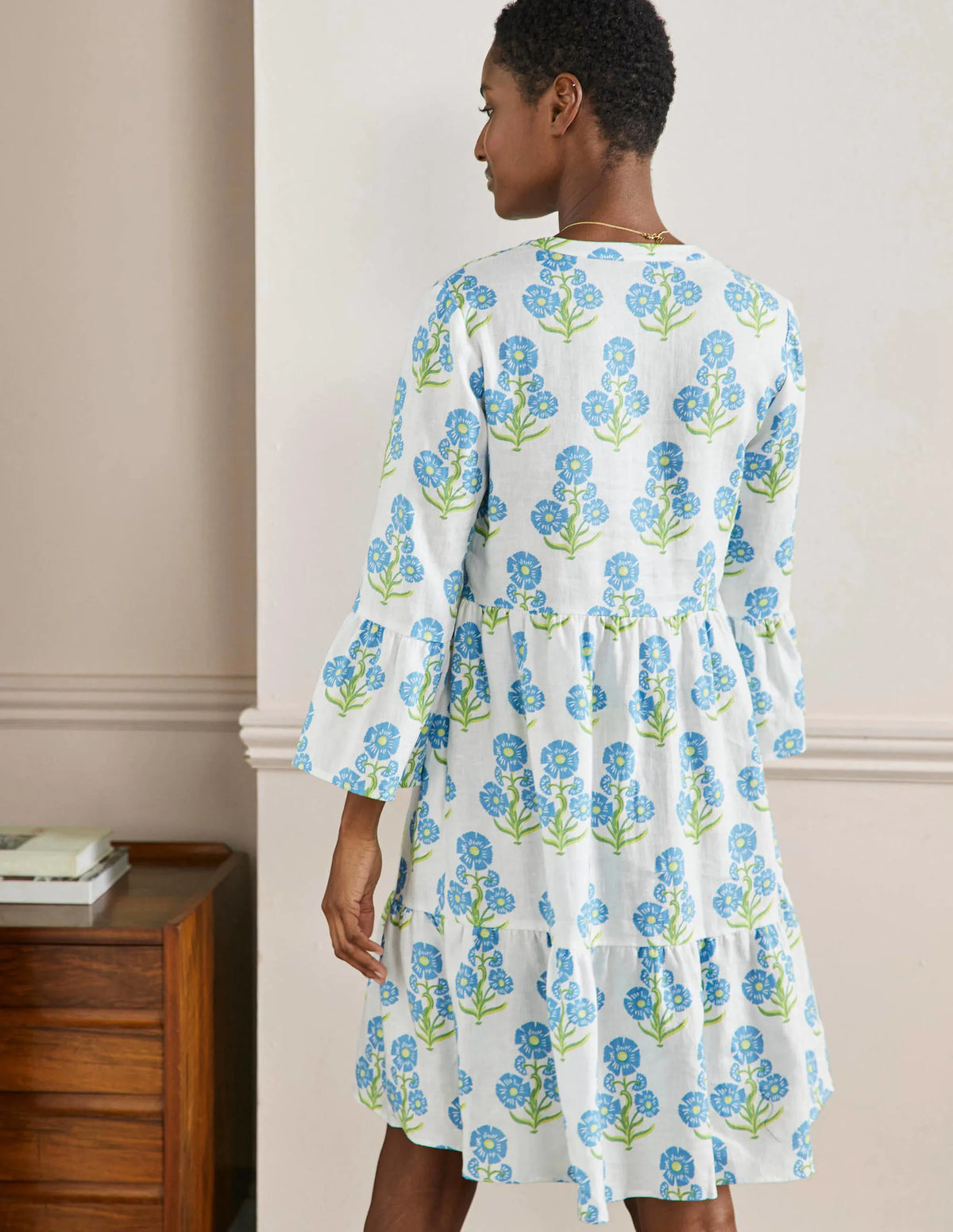 Relaxed Linen Tiered Dress-Molly Mahon Flower Woodblock