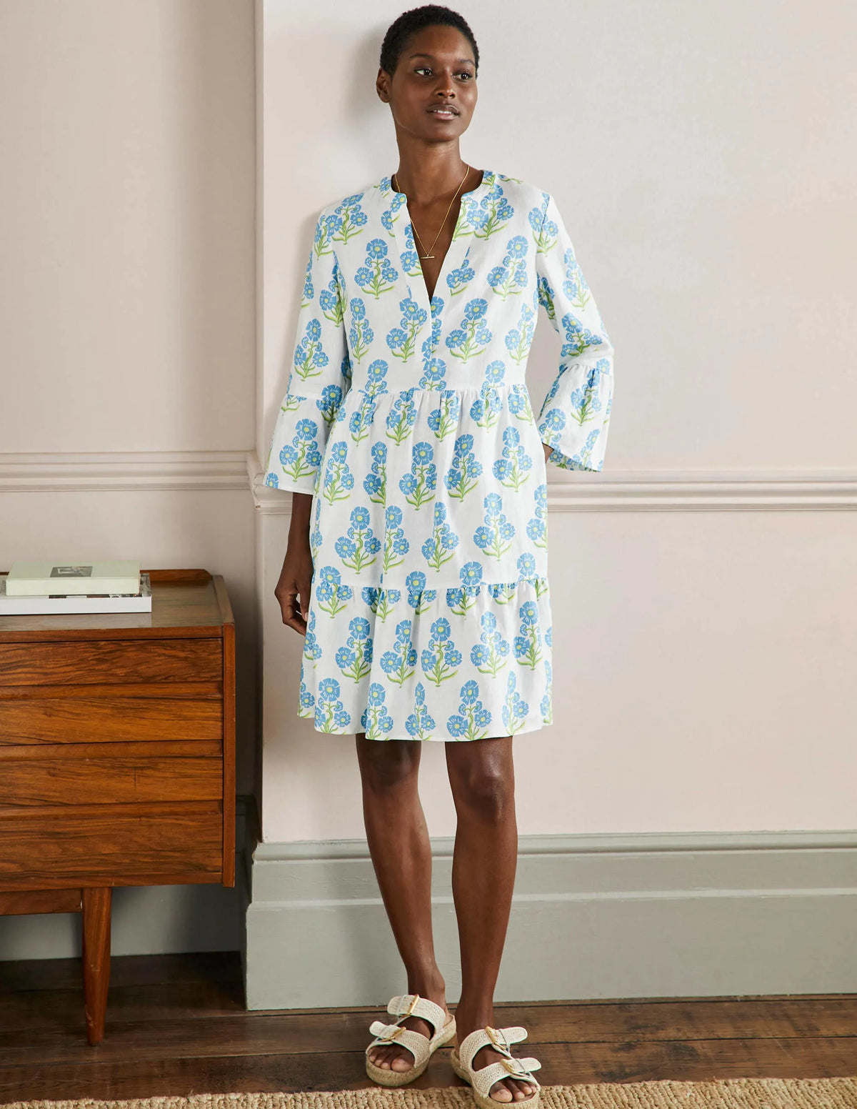 Relaxed Linen Tiered Dress-Molly Mahon Flower Woodblock