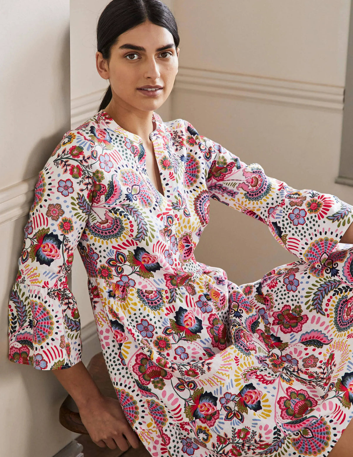Relaxed Linen Tiered Dress-Multi, Decorative Meadow
