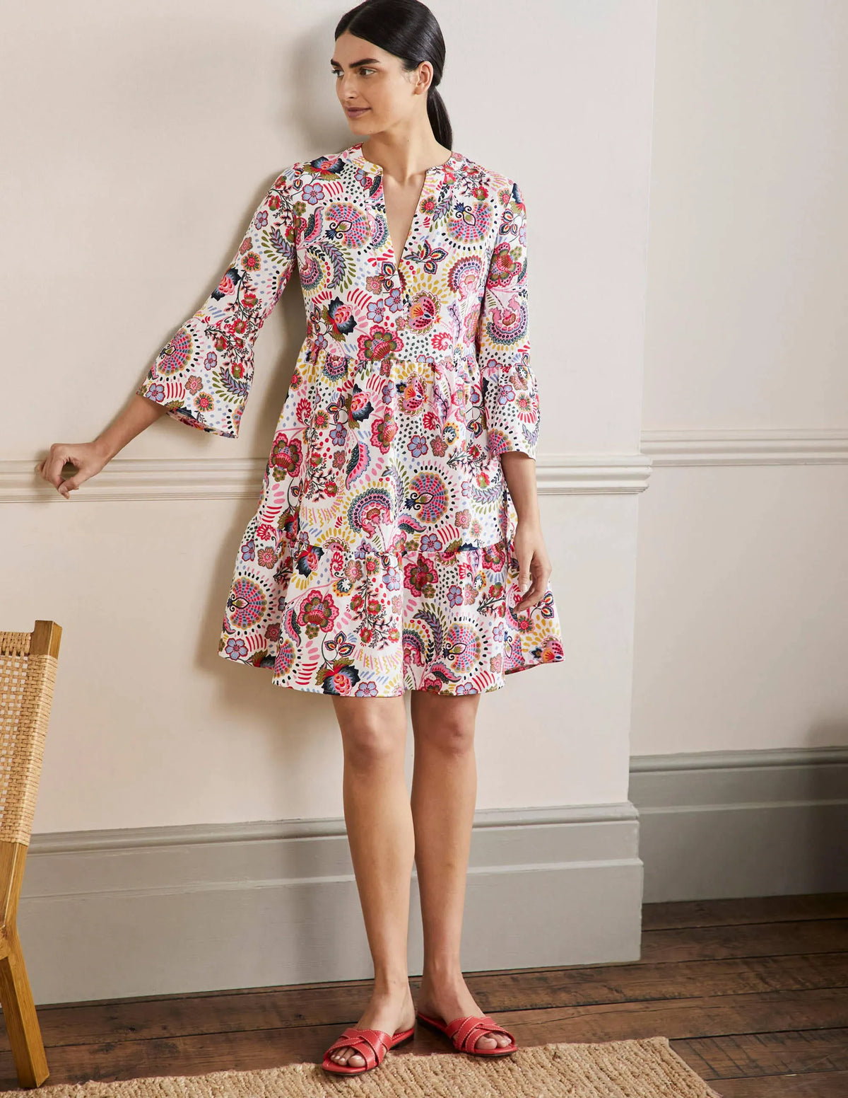 Relaxed Linen Tiered Dress-Multi, Decorative Meadow