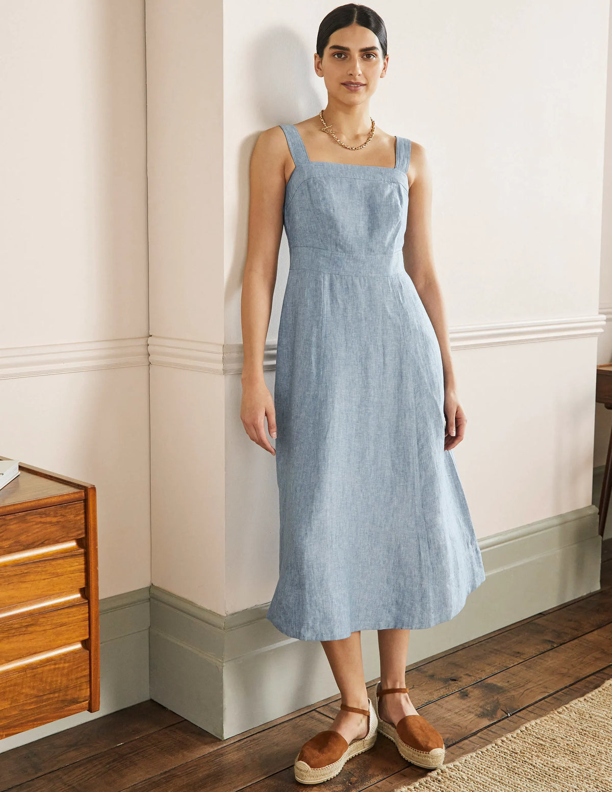 Virginie Linen Midi Dress-Chambray